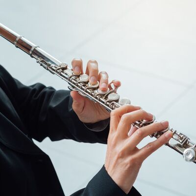 Man sieht den Ausschnitt einer Frau von schräg hinten, sie hält eine Querflöte in beiden Händen.