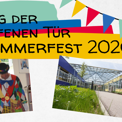 Bild vergr&ouml;&szlig;ern: Plakat zum Sommerfest mit dem Bild eines Clowns und der Werkstatt.