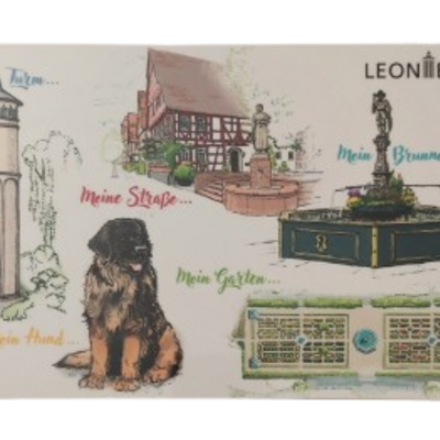Schneidebrett mit fünf Motiven der Stadt Leonberg. 
Mein Turm, Mein Hund, Meine Straße, Mein Brunnen, Mein Garten.