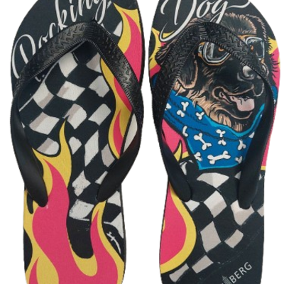FlipFlops mit Aufdruck Rocking-Dog und einem Hund mit Halstuch und Sonnenbrille.