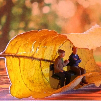 Bild vergr&ouml;&szlig;ern: Herbstblatt und ältere Menschen auf einer Parkbank